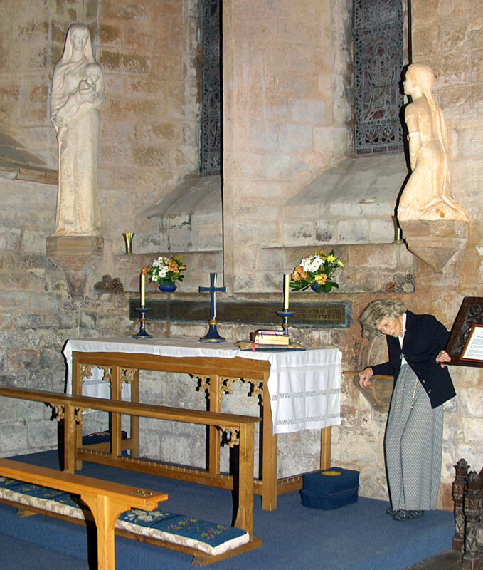 Josefina de Vasconcellos with her sculptures at St Bees Priory